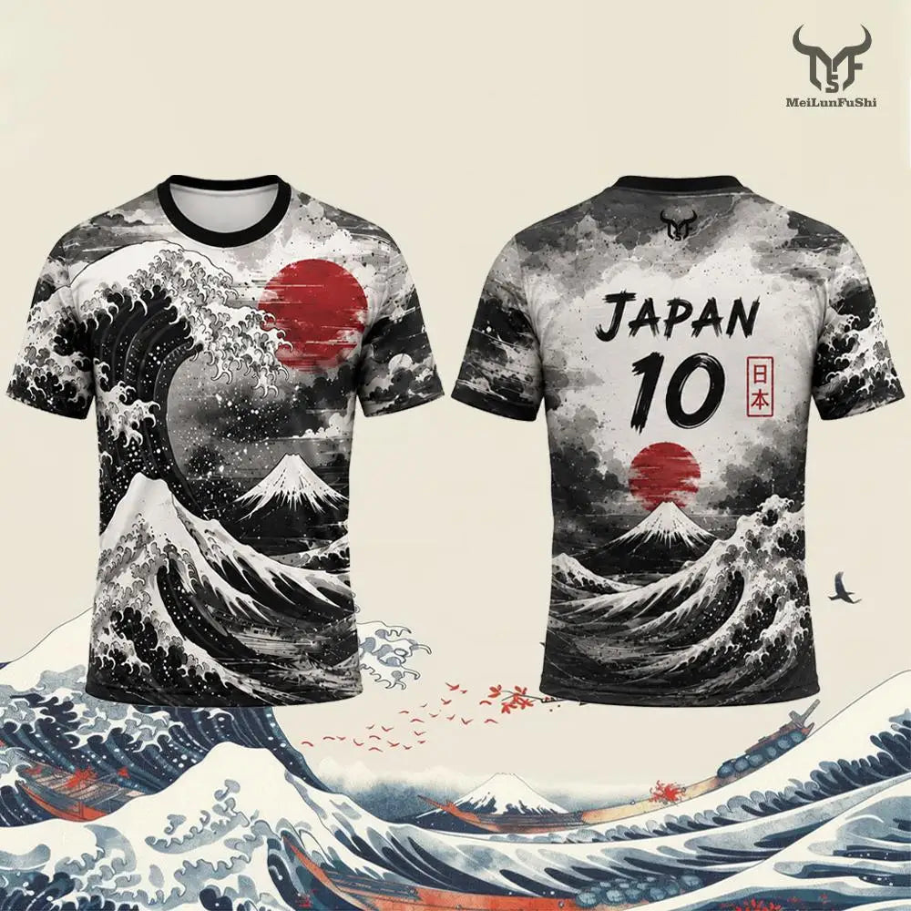 Japanese Ukiyo-e Wave Print Jersey Outdoor Sports Quick-drying Short Sleeve Football T-shirt Street Casual Unisex Round Tops