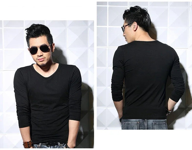 Men's Long Sleeve V Neck T Shirt 2026 MRMT Men T-shirt Slim Solid Tight Man T Shirt Tops Tees Clothing