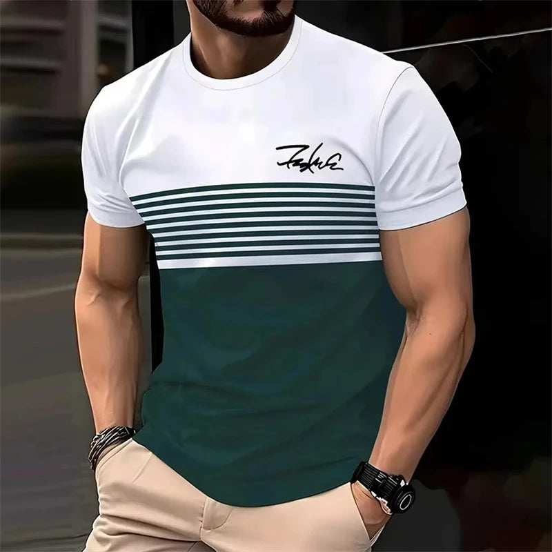 Business Casual Men's Striped T-shirt Simple Word Print Round Neck White T Shirts Summer Streetwear Breathable Loose Top Men