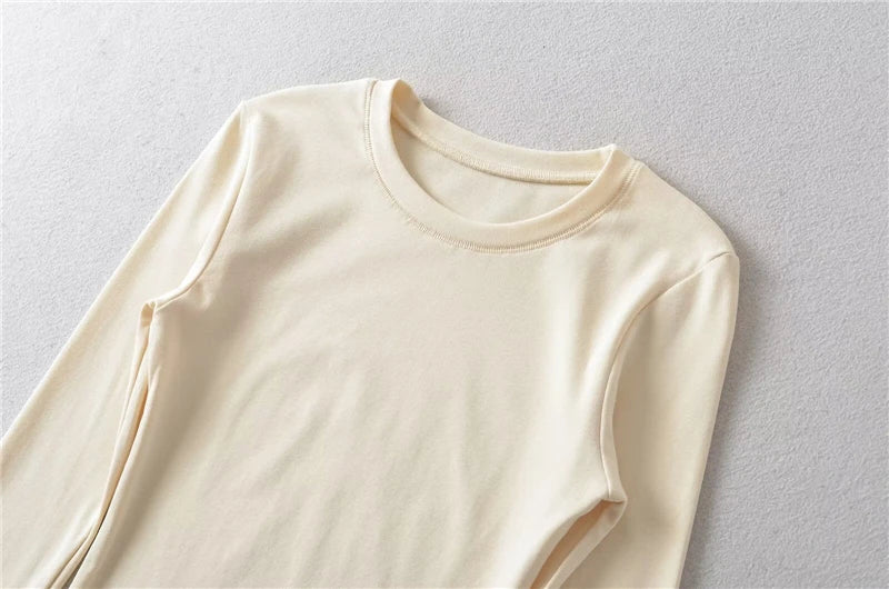 LUNDUNSHIJIA O-neck Long Sleeve T-shirts For Women 2025 New Spring Ladies Solid Cotton Slim Tee Shirts 10 Colors