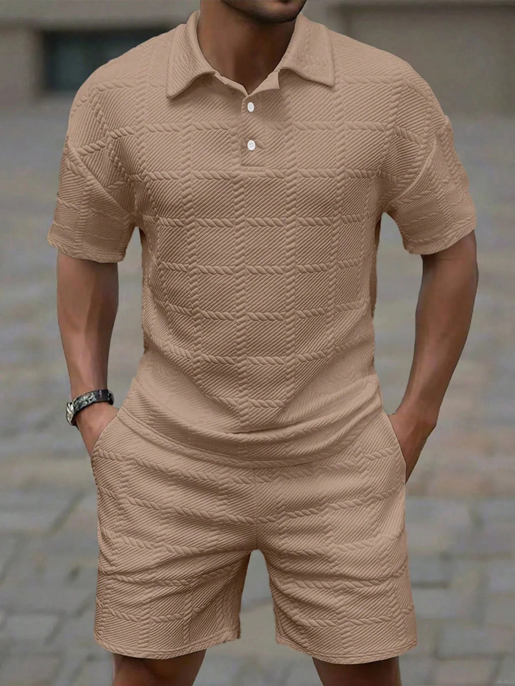 2026Summer Male Casual Two Pieces Suits Vintage Polo Neck Short Sleeve Tops And Shorts Men's Sets Fashion Plaid Textured Outfits