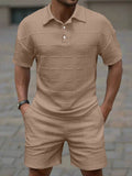 2026Summer Male Casual Two Pieces Suits Vintage Polo Neck Short Sleeve Tops And Shorts Men's Sets Fashion Plaid Textured Outfits