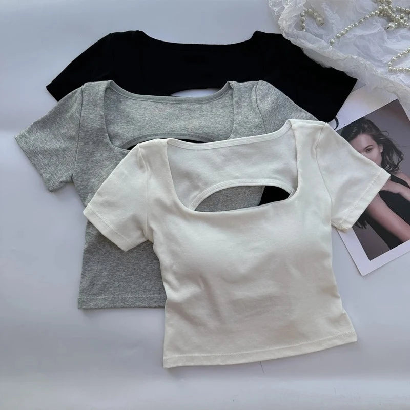 T-shirt Woman Clothing Square Neckline Tops Short Sleeve Crop Top with Bras for Women Girls Sexy Street Wear Backless Top Tees