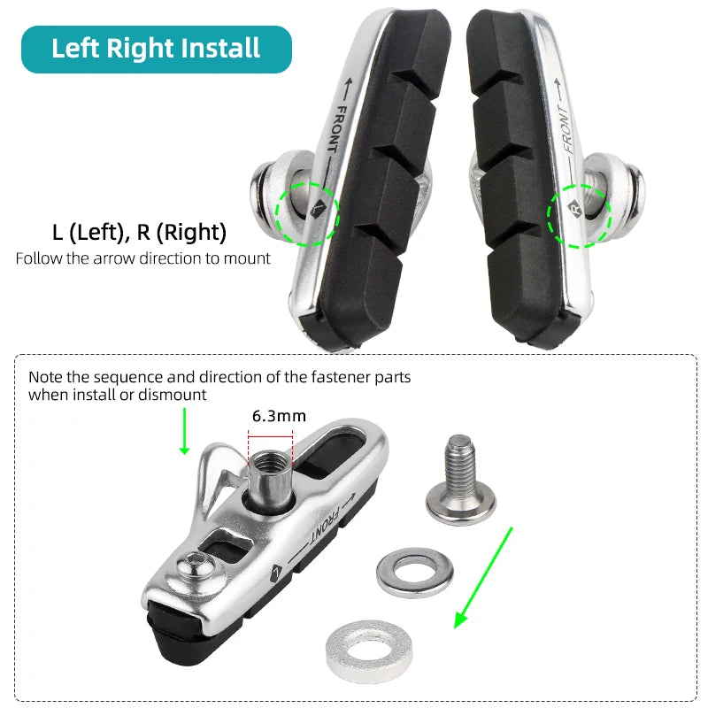 Road Bike Carbon Wheel Rim C/V-Brake Pads W/ 55mm Detachable Rubber Composite Inserts Low Noise All Weather Use Braking Blocks