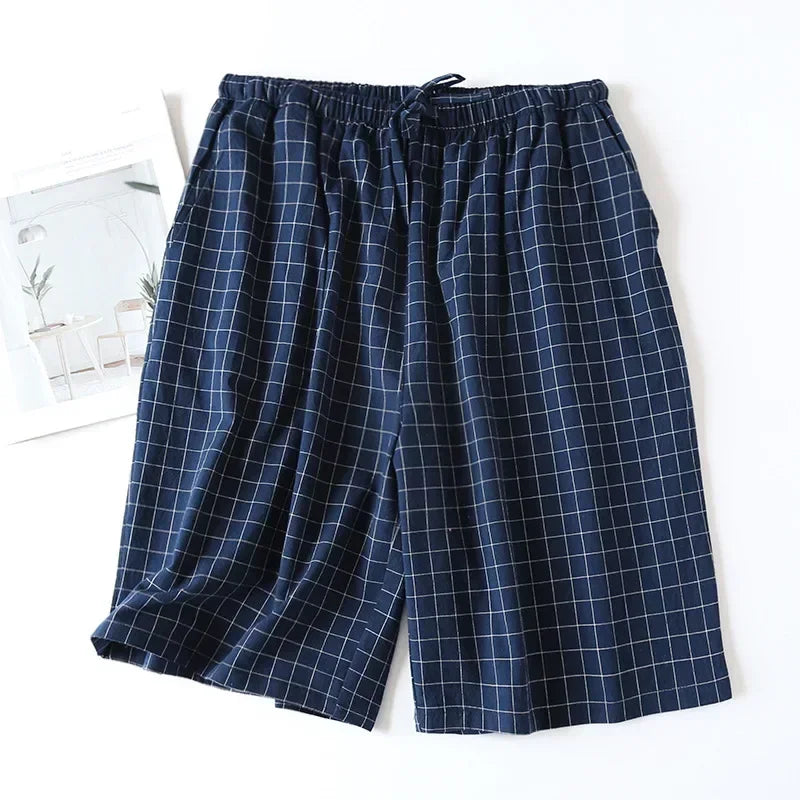 New 2026 Men's Sleepwear Pajama Shorts Plaid Design 100% Cotton Casual Loose Double-layer Homewear Sleep Bottoms Male Home Pants