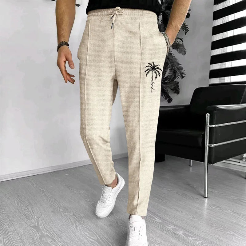 Men Waffle Knit Slim Fit Pants Drawstring Trousers With Pockets Stylish Design Spring Autumn Outdoor Travel Daily Street Wear