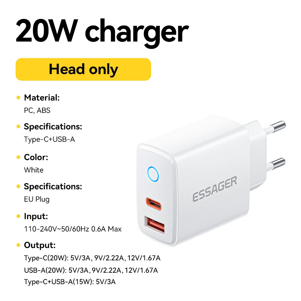 Essager 20W USB Type C Charger 3A PD Quick Charge With Type-C Lighting Micro Cable Fast Charging For iPhone 17 16 Xiaomi Huawei