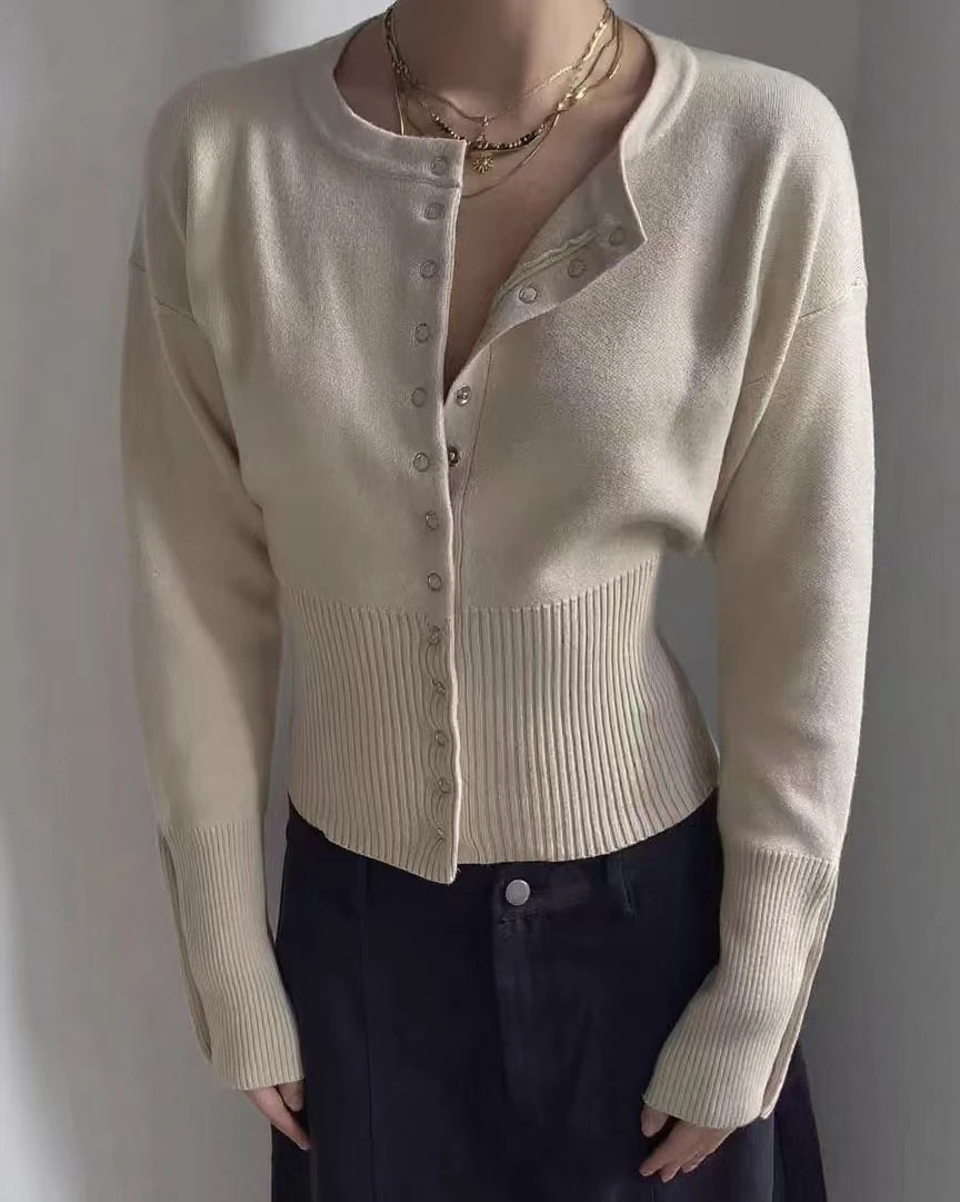 Women's Knitted Fitted Cardigan Elegant Long Sleeve Tops Sweater Knitwears Top Female Clothing 2025 Fall Black Brown White Blue