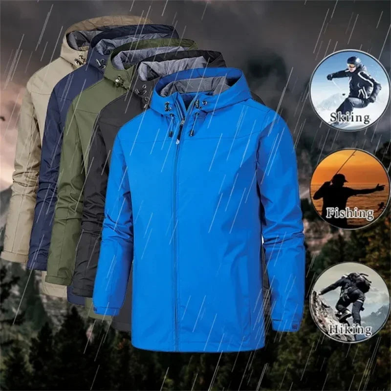Men's hooded waterproof jacket, camping, outdoor, mountain climbing, windproof, lightweight, long-sleeved outdoor jacket. Suitab