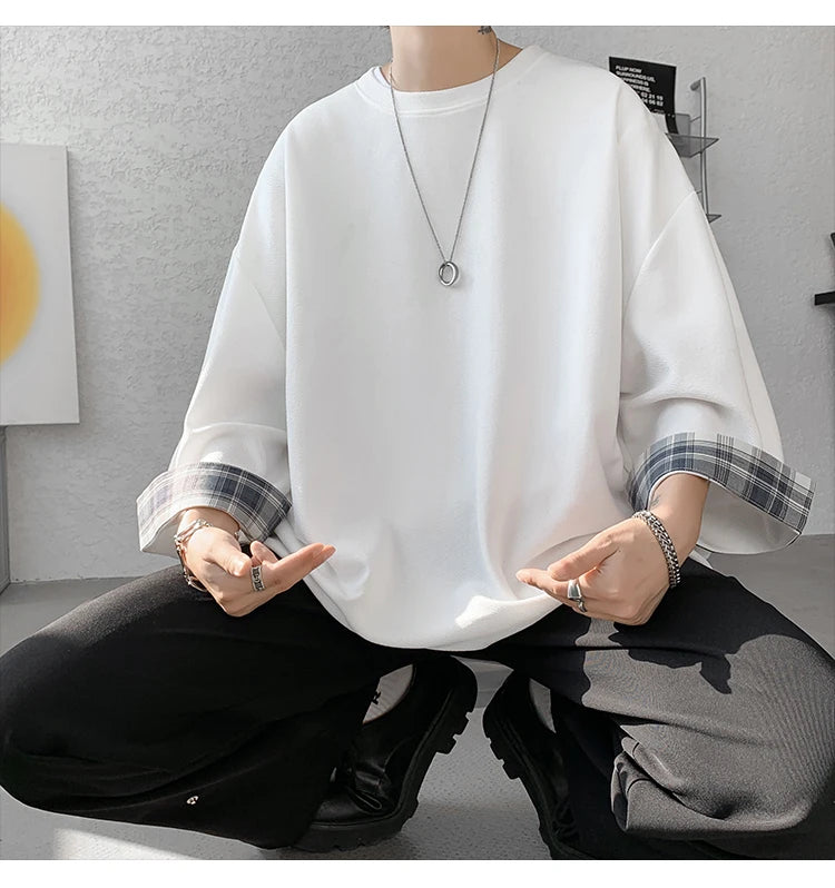 men t shirts Summer Men's T-shirts Women Oversized 2XL Korean Style Loose Plaid T-shirt Casual Seven sleeves T-Shirt Male White