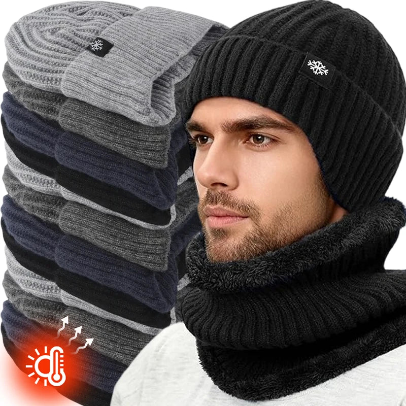 2pcs Winter Cycling Fleece Hats Knitted Plush Warm Outdoor Sports Cap Scarf for Women Men Hat Windproof Ski Ear Protection Gift