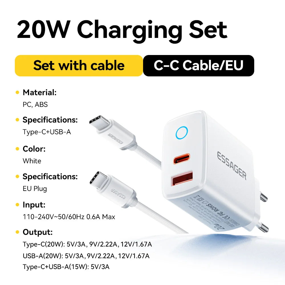 Essager 20W USB Type C Charger 3A PD Quick Charge With Type-C Lighting Micro Cable Fast Charging For iPhone 17 16 Xiaomi Huawei