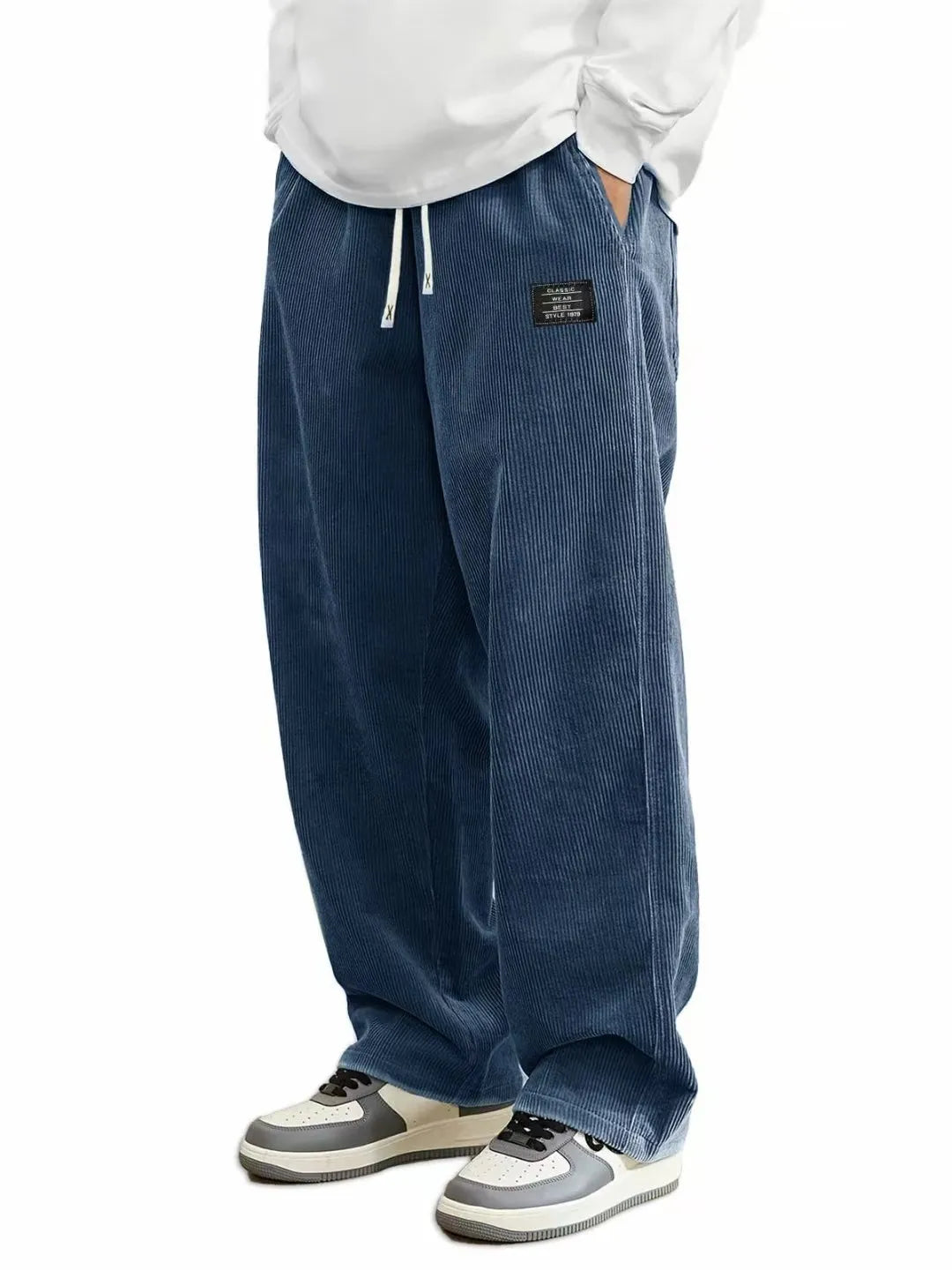 Men'S Corduroy Straight Leg Pants with Drawstring Waist,  Pockets, and Logo Design - Stretchy, Casual Fit for Everyday Wear