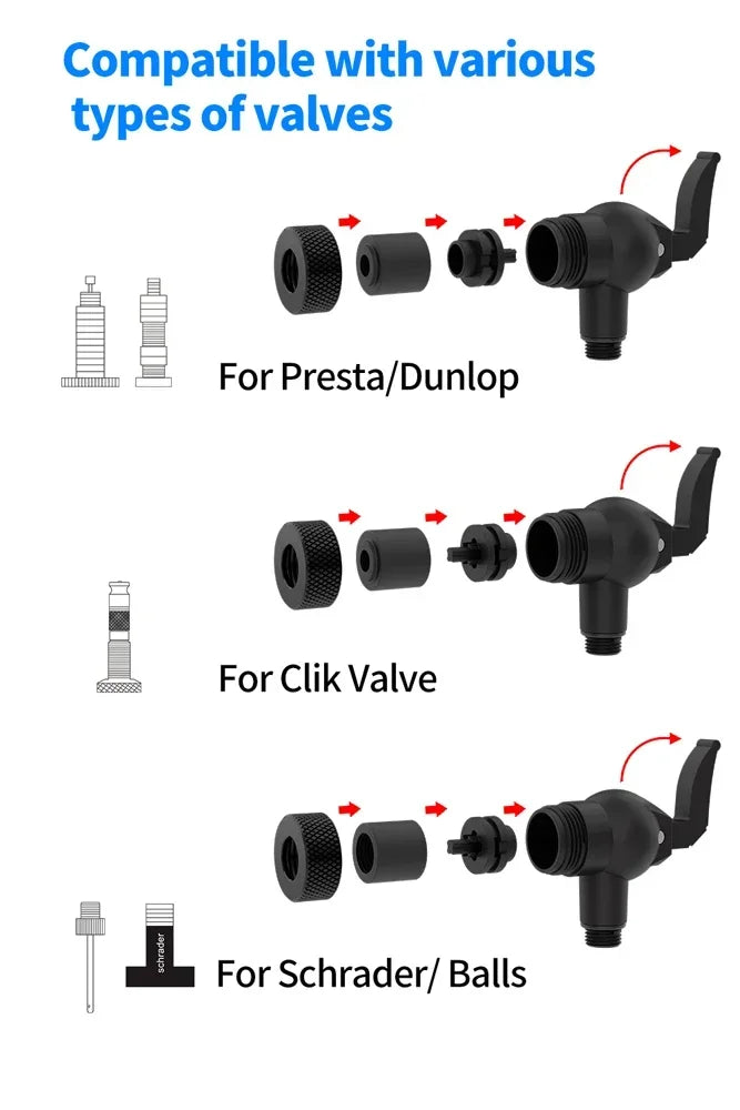 4-in-1 Bicycle Air Nozzle Adapter Inflator Valve fits Presta Schrader Clik Dunlop Connector Snap-lock Quick Connect Pump Nozzle