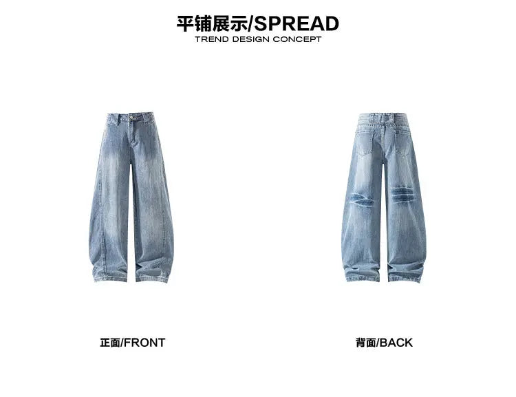 Retro Distressed Wide Leg Curved Jeans Men Y2K Hip Hop Baggy Denim Pants Streetwear Casual Trousers