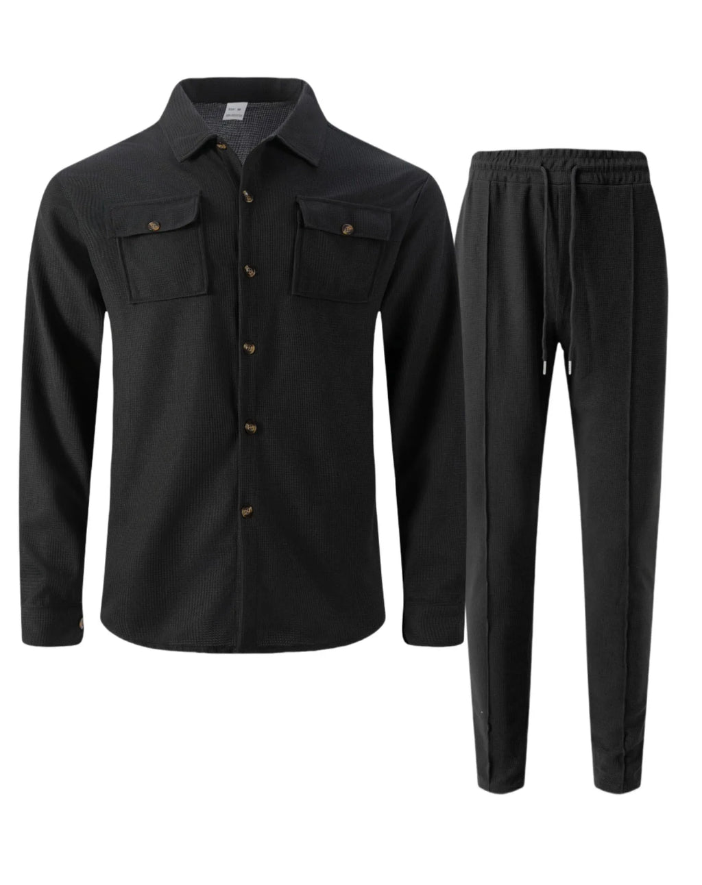 New autumn style waffle long-sleeved solid-color double-pocket buttoned cardigan shirt and pants set