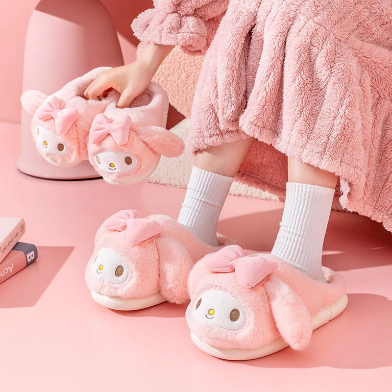 Sanrio Plush Slippers Women My Melody Kawaii Anime Cinnamoroll Cotton Shoes Flat Autumn Winter Keep Warm Non-Slip Cute Girl Gift
