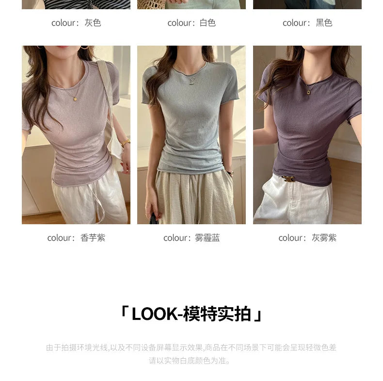 Solid Color Slim Fit Short Sleeve T Shirt for Women Summer New Cotton Blended Basic Tees Woman Thin Breathable Crew Neck T-shirt