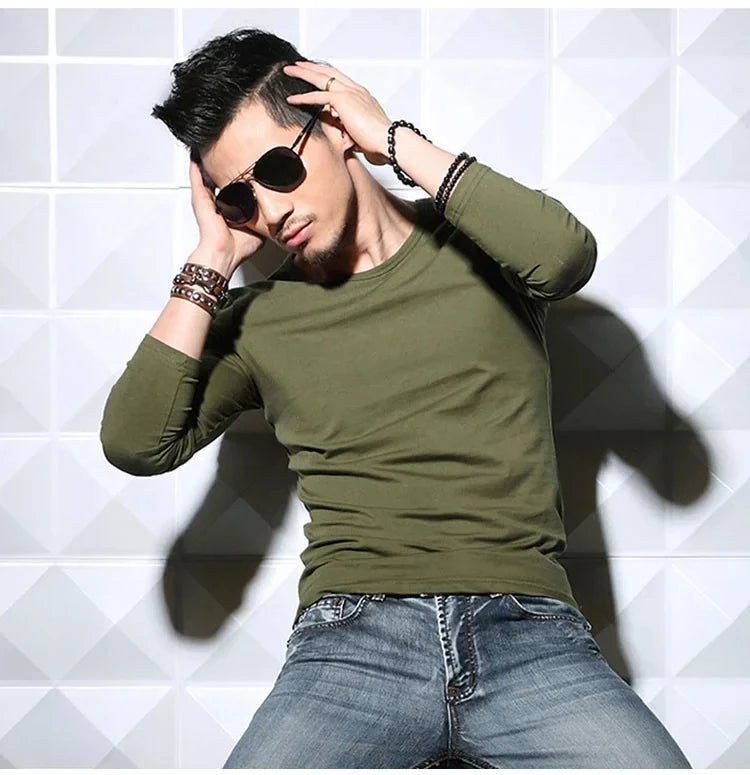 Men's Long Sleeve V Neck T Shirt 2026 MRMT Men T-shirt Slim Solid Tight Man T Shirt Tops Tees Clothing