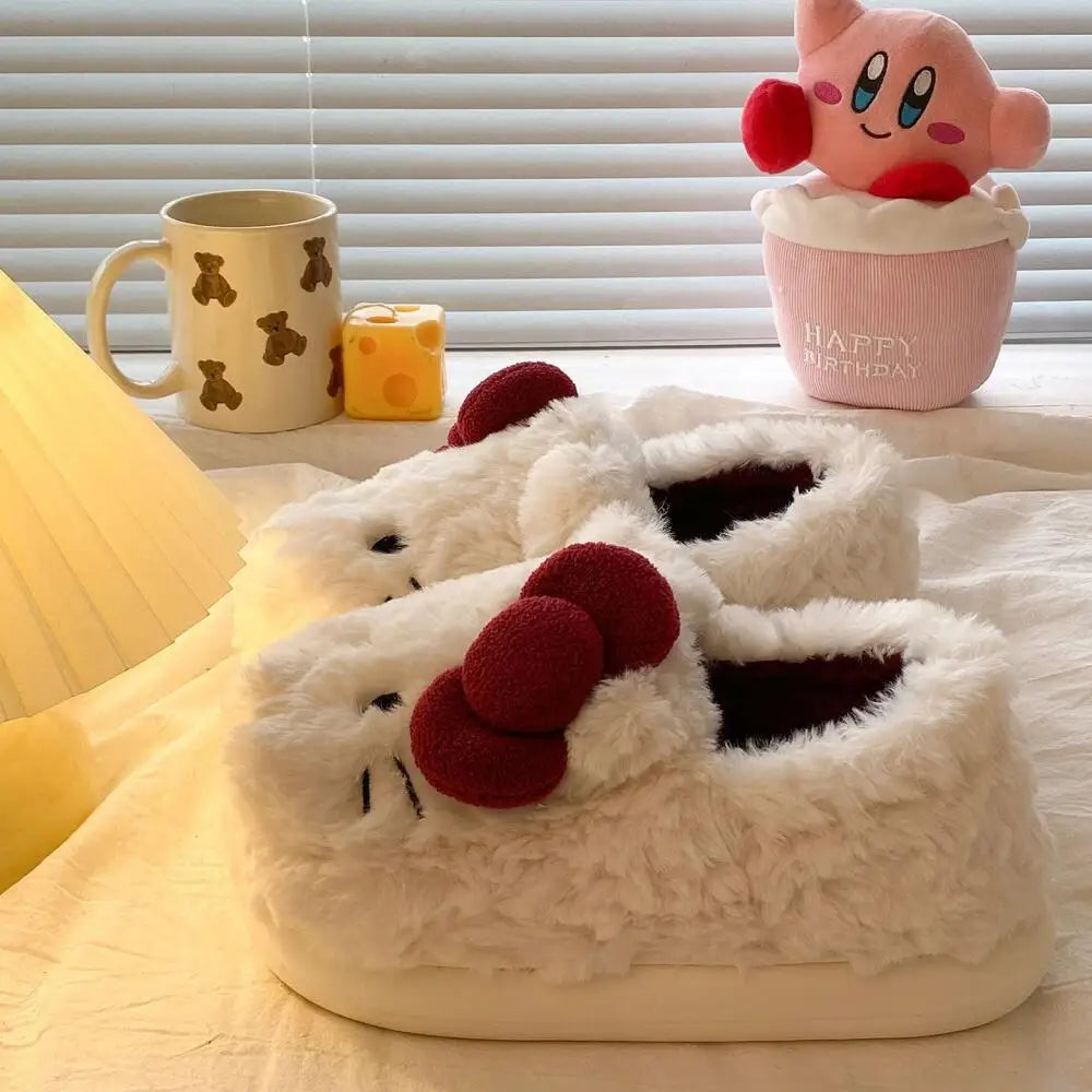 New Cartoon Hello Kitty Plush Slippers Sanrio Cute Female Anime Autumn Winter Home Plus Velvet Warm Thick Sole Baotou Slippers