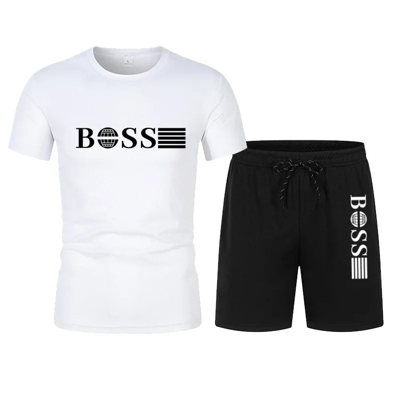 Spring and Summer New Two-piece Men's Running T-shirt and Short Casual Elastic Round Neck Sports Suit Comfortable Quick Drying