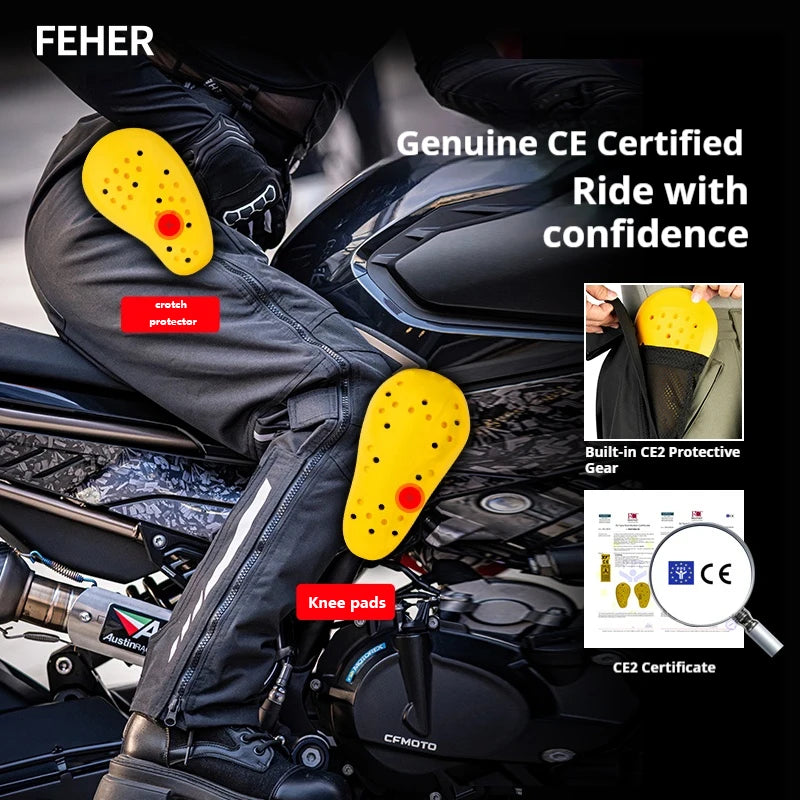 FEHER Motorcycle Pants Winter Waterproof Quick-release Thermal Motorbike Trousers Unisex Built-in Removable CE Protective Gear