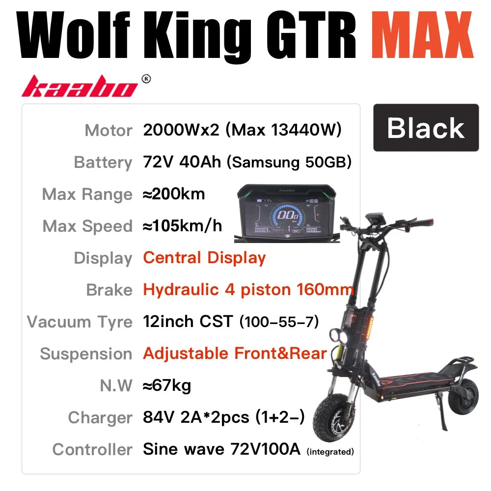 KB Wolf King GTR Max Electric Scooter 2000W*2 Motor 72V 40Ah Battery 2in1 FOC Controller Central Display 12inch Vacuum CST Tire