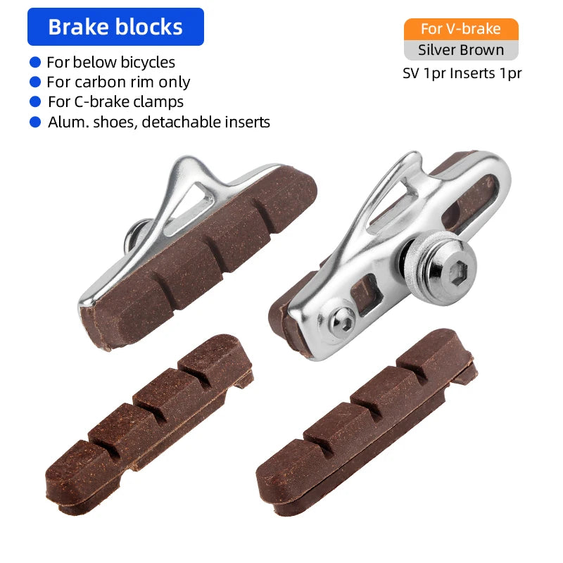 Road Bike Carbon Wheel Rim C/V-Brake Pads W/ 55mm Detachable Rubber Composite Inserts Low Noise All Weather Use Braking Blocks
