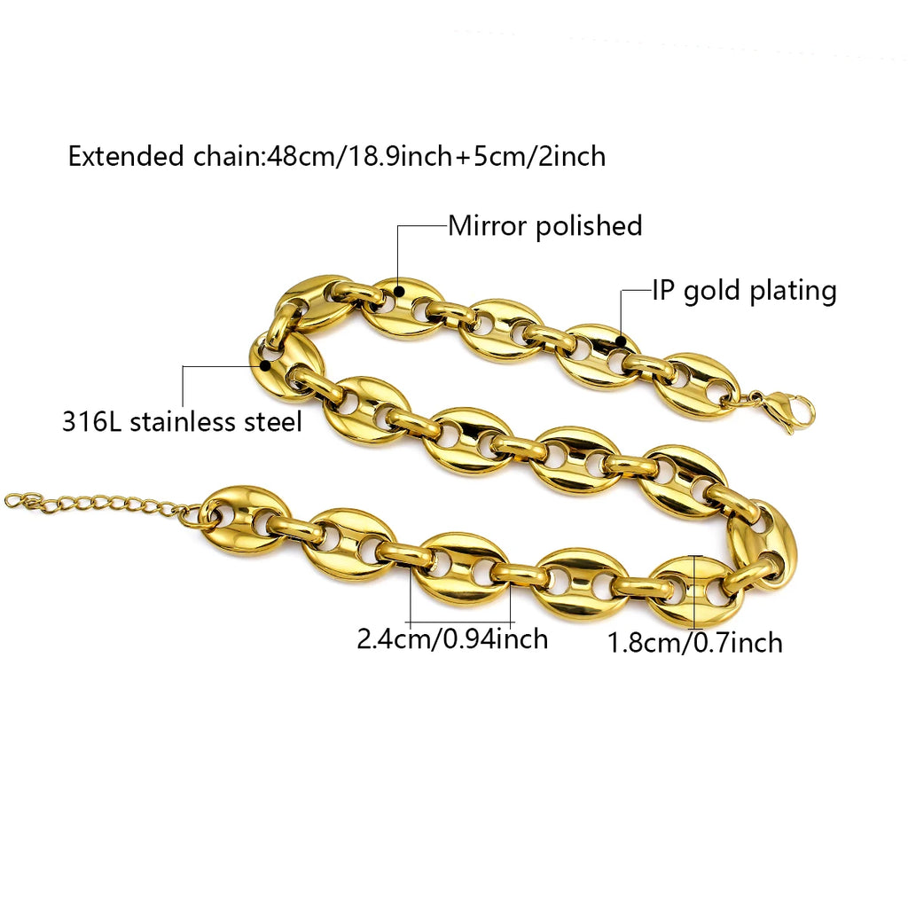 Stainless Steel Hip Hop Pig Nose Link Necklace Fashion Gothic Thick Chian 18k Gold Paled High Quality Coffee Bean Beads Necklace