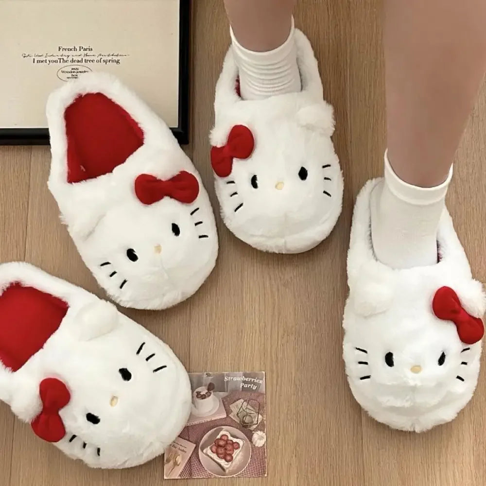 Cute Hello Kitty Anime Women Plush Slippers Sanrio Kawaii Cotton Shoes Student Winter Bedroom Soft Shoes Girls Festival Gifts