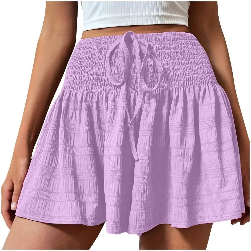 Solid Color Drawstring Women's Short Lace Up Loose Sports Shorts Skirt Summer Pleated Pajama Pants Summer