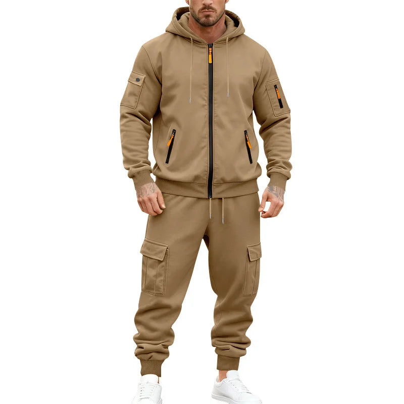 Men's Full Zip Hooded Tracksuit 2 Piece Set Casual Cargo Pocket Jogger Suit Outdoor Sports Hoodie And Pants Set