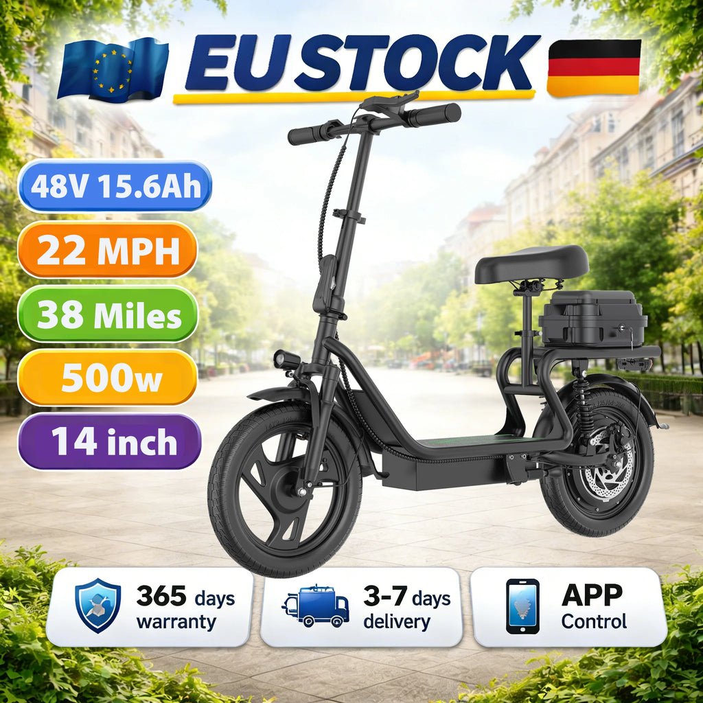 EU Stock Electric Scooter with Seat 500W 48V 15.6Ah 14Inch City Adult Commuter E Bike Max 22MPH Speed 38 Miles Range APP Control