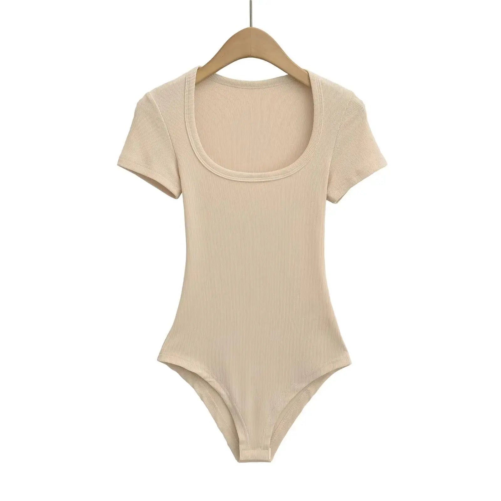 Women Short Sleeve Square Collar Bodysuits Summer Rib Knitted Elastic Slim Top Jumpsuits Solid Color