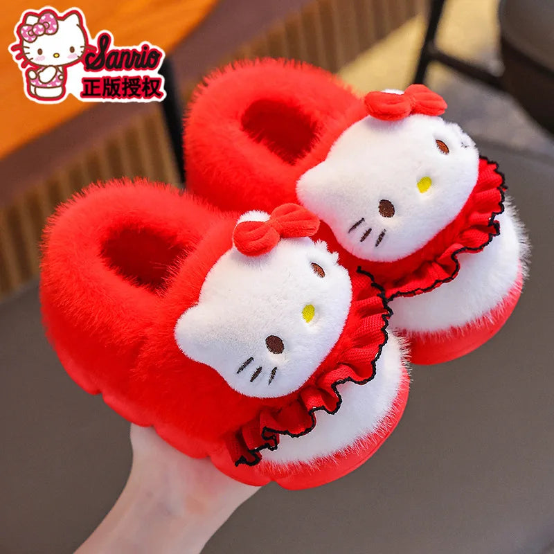 Sanrio Kawaii Girls Plush Slippers Cute Kuromi Hello Kitty My Melody Cartoon Student Winter Home Indoor Anti-Slip Warm Shoes
