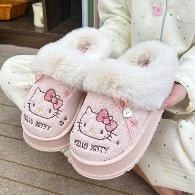 Cartoon Sanrio Hello Kitty Thick Sole Plush Cotton Slippers Anime Women's Winter Warm New Anti-Slip Wear-Resistant Home Shoes