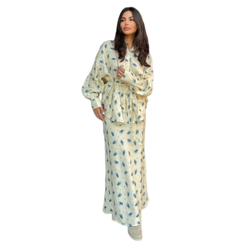 Women Two Piece Sets Skirt Set Floral Print Lantern Sleeve Turn Down Collar Shirt Long Skirts A Line Lace Up Y2k Elegant Work