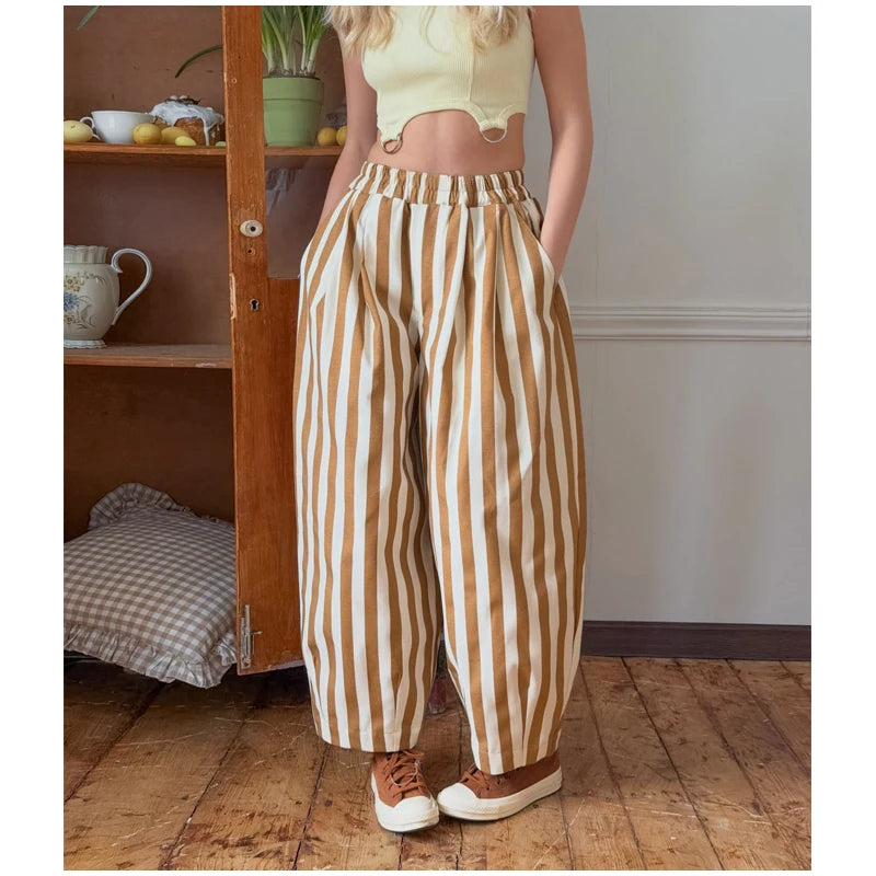 Red White Striped Balloon Pants Women's Elastic Waist Wide Leg Baggy Casual Trouser 2026 Summer New Streetwear Loose Fit Pants