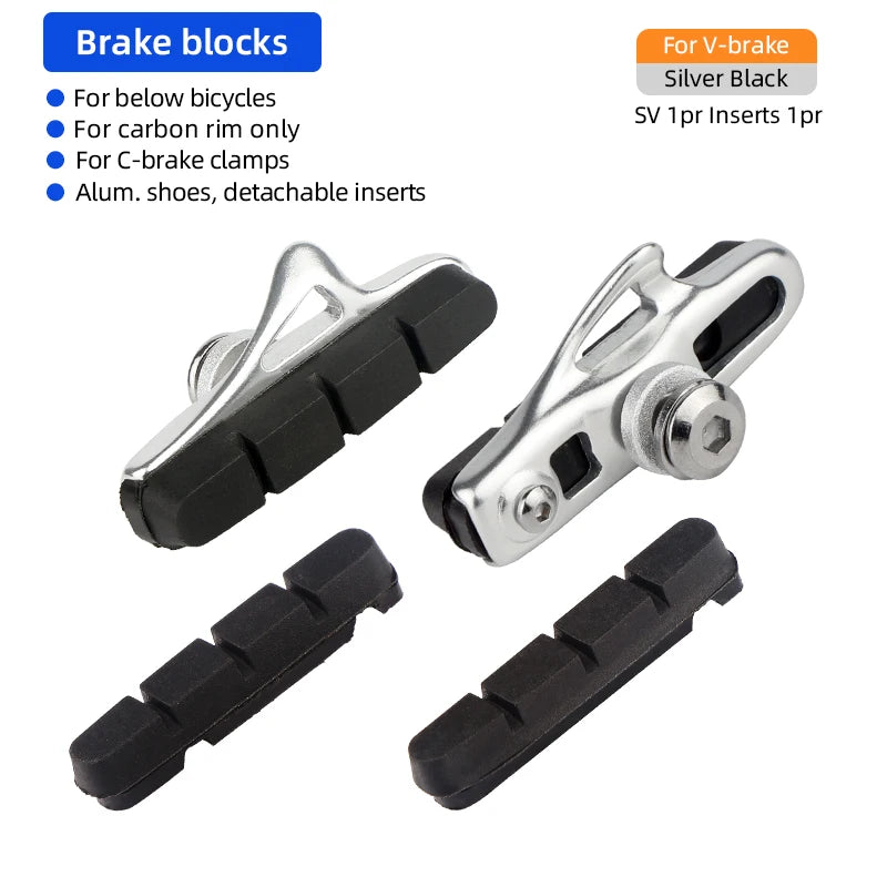 Road Bike Carbon Wheel Rim C/V-Brake Pads W/ 55mm Detachable Rubber Composite Inserts Low Noise All Weather Use Braking Blocks