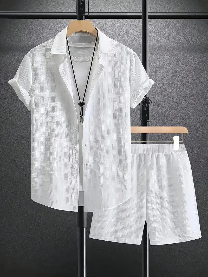 Summer Solid color Cotton linen Men's Shirt Set Fashion lapel Jacquard Short-sleeved Shirt Shorts 2 Piece Set Men's Shorts Suit