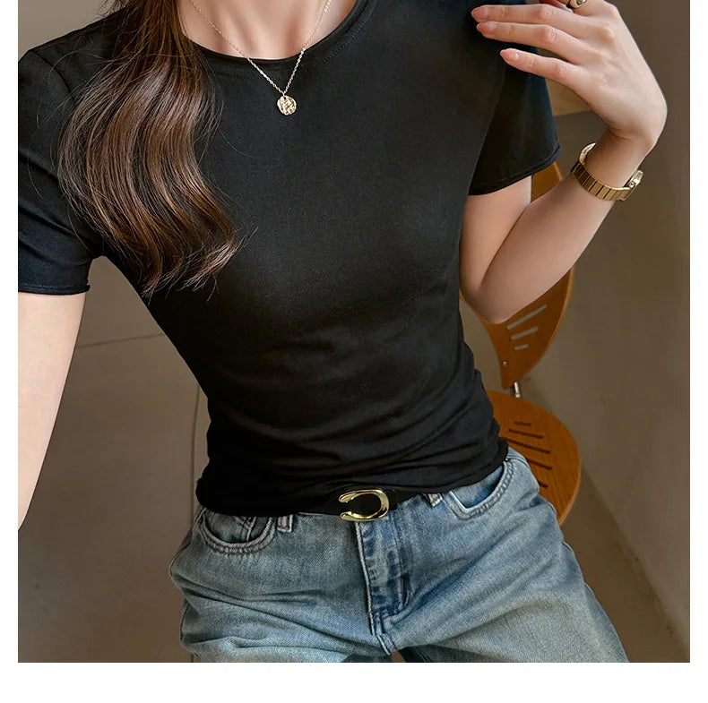 Solid Color Slim Fit Short Sleeve T Shirt for Women Summer New Cotton Blended Basic Tees Woman Thin Breathable Crew Neck T-shirt
