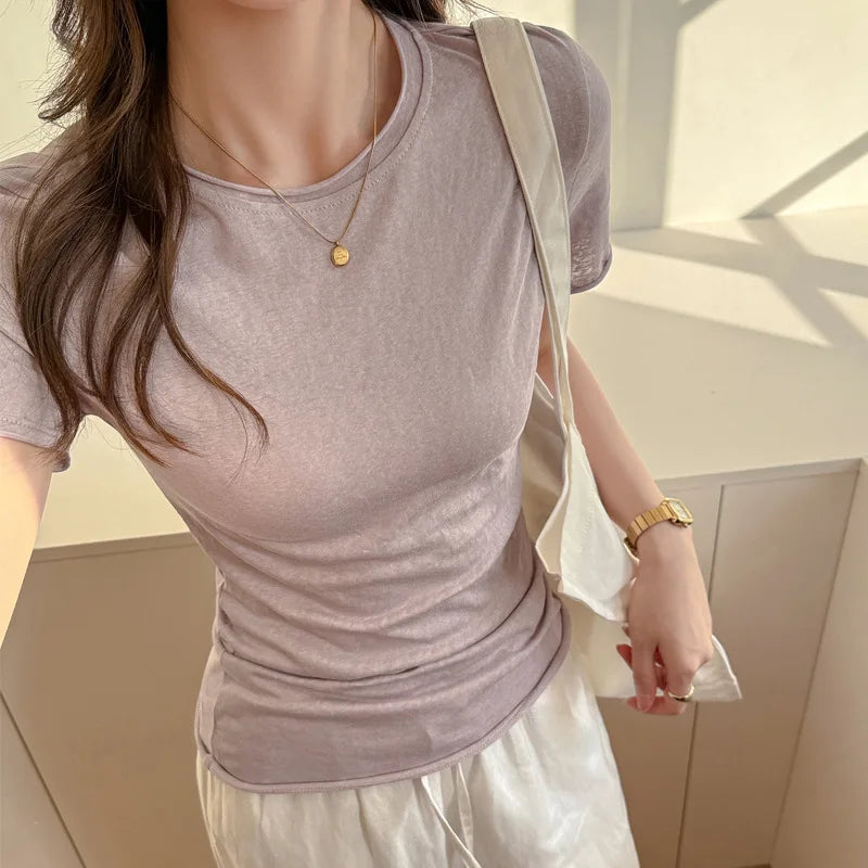 Solid Color Slim Fit Short Sleeve T Shirt for Women Summer New Cotton Blended Basic Tees Woman Thin Breathable Crew Neck T-shirt