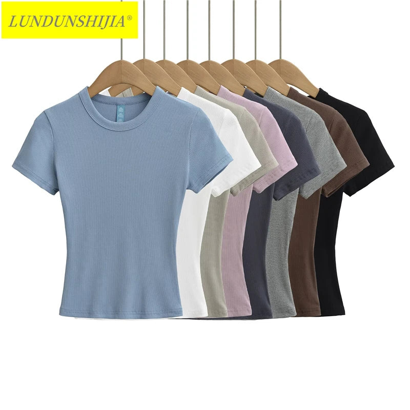 LUNDUNSHIJIA 2025 Summer Sexy Women Basic Small O-neck Short Sleeve T-shirt Ladies Slim Elasticity Cotton Short Style Tee Tops