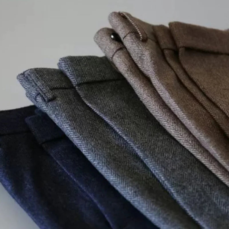 Autumn New Warm Wool Herringbone Casual Trousers British Retro Woolen Loose Straight Pants for Men