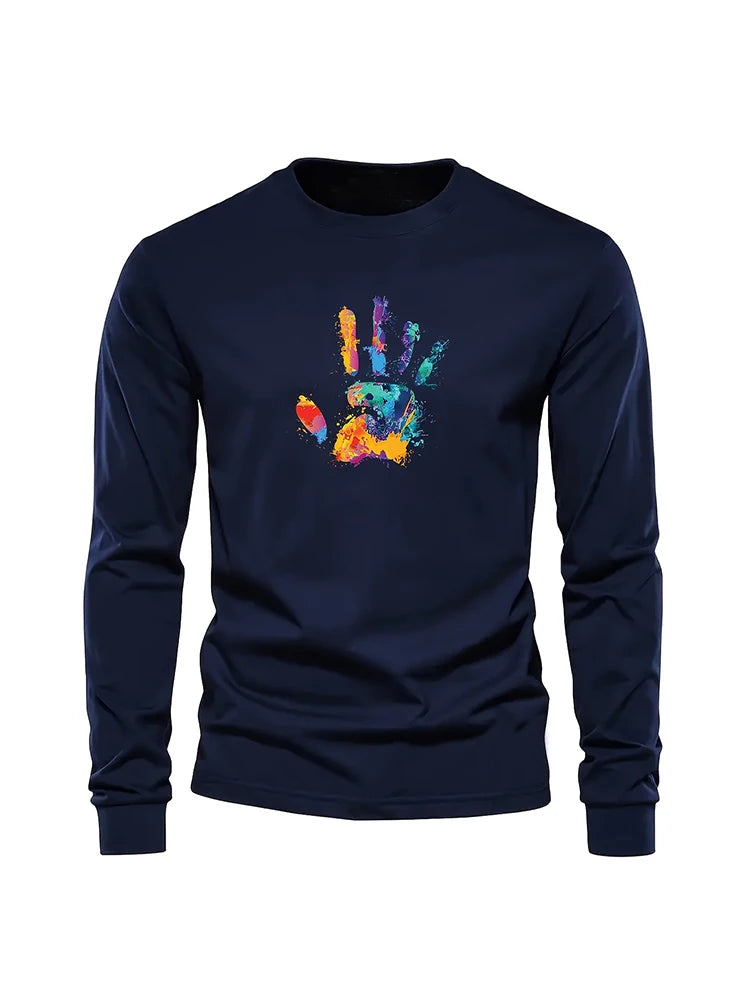 Simple Smiley Face Printed Men's Fashion Long-sleeve Round Neck T-shirt Autumn and Spring Season Mens Home Leisure Plus Size Top