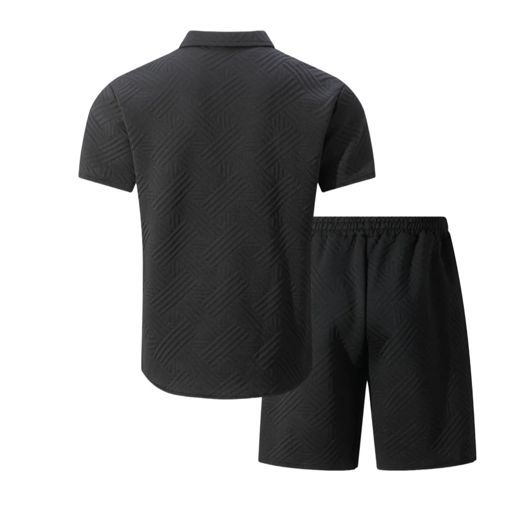 2026 Spring Summer Men Hot Sale Waffle Knit Solid Color Jacquard Lapel Cardigan Short Sleeve Shirt Shorts Casual 2 Piece Set