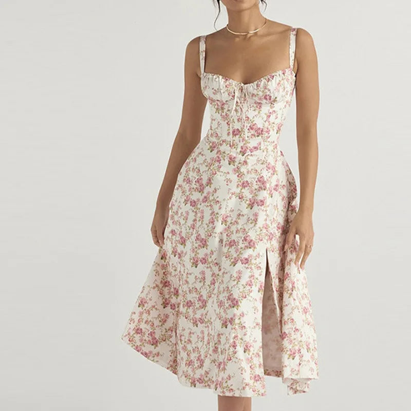 Women Summer Dress 2024 Fashion Floral Print Halter Sling V Neck Bra Sleeveless Gentle Woman mid-calf Dresses Vestidos GHH24128