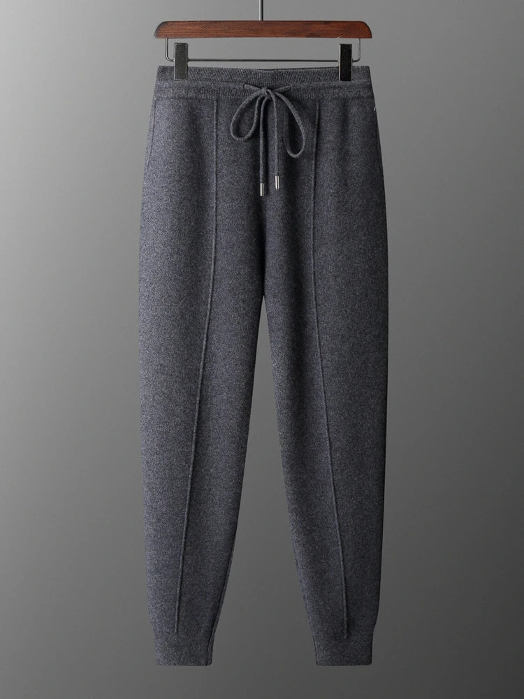 Autumn and Winter Thickened High Waisted 100% Merino Wool Men's Pants Small Leg Pants Casual Business Knitted Sweatpants Warm