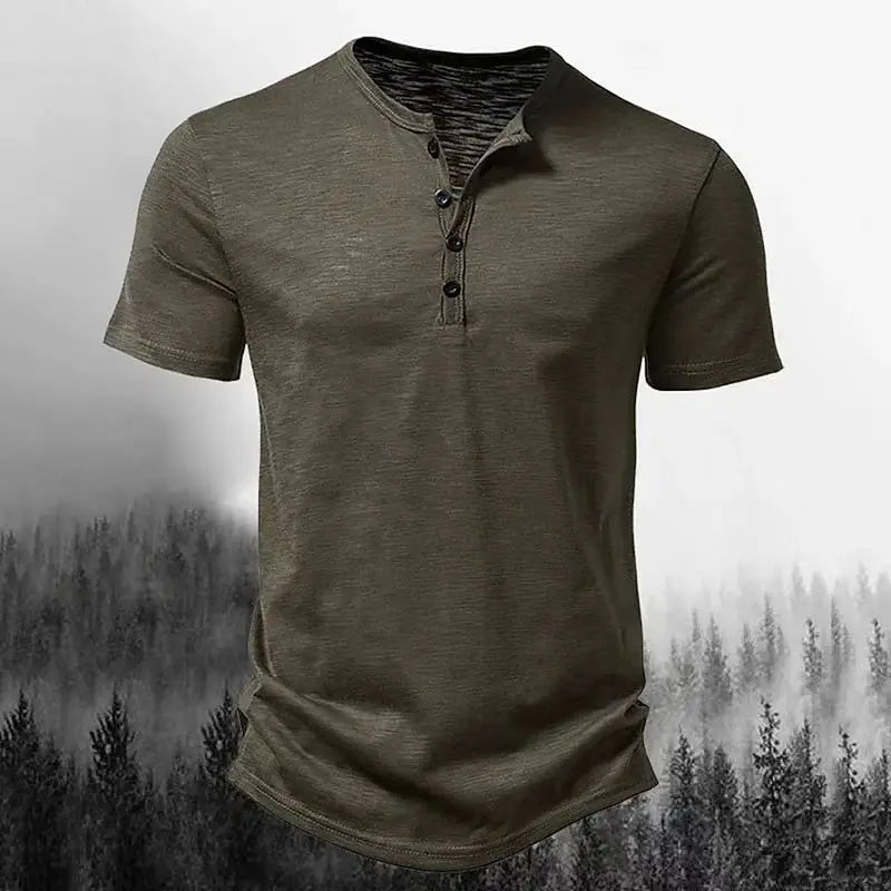 Summer men's Henry collar casual solid-color short-sleeved T-shirt, casual and breathable button-down high-quality men's T-shirt