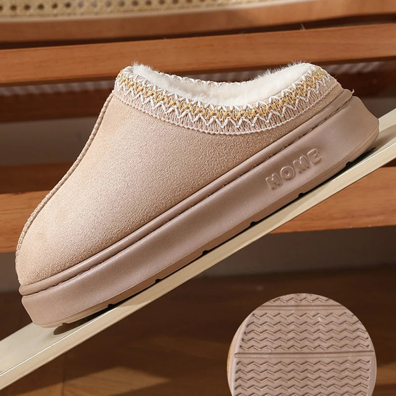 Comfort Thick Bottom Cotton Slippers Women 2025 Winter Warm Thick Plush Non Slip Furry Clogs Shoes Embroidery Suede Snow Boots